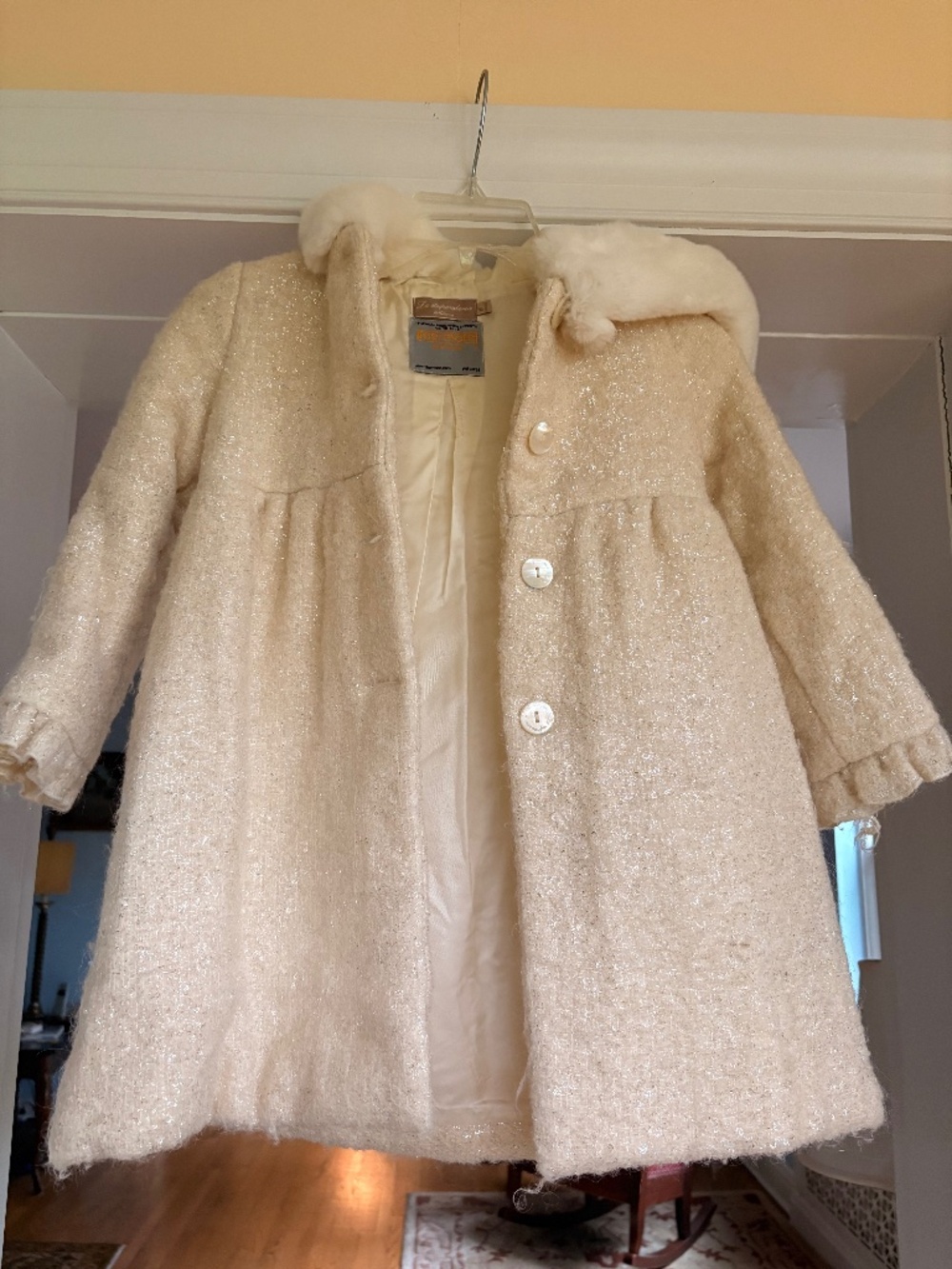 La Stupenderia Milano Ivory Cream White Wool Rabbit Fur Hood Luxury Dress Coat